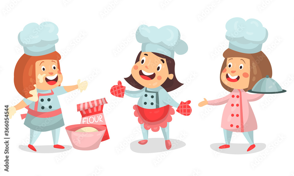 Little Girl Characters in Chef Uniform Baking Vector Illustration Set Little Girl Characters in Chef Uniform Baking Vector Illustration Set