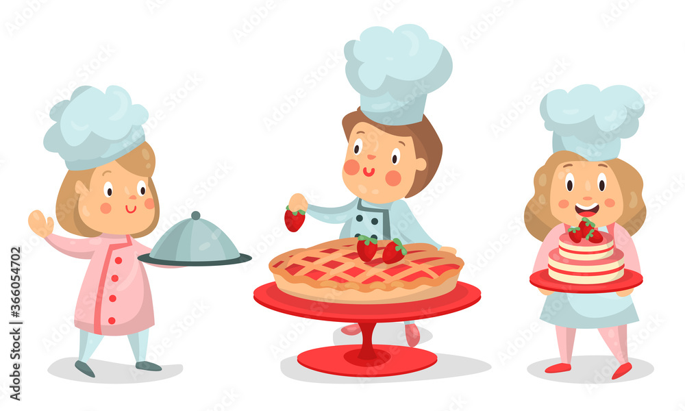 Little Boy and Girl Characters in Chef Uniform Baking and Cooking Vector Illustration Set Little Boy and Girl Characters in Chef Uniform Baking and Cooking Vector Illustration Set