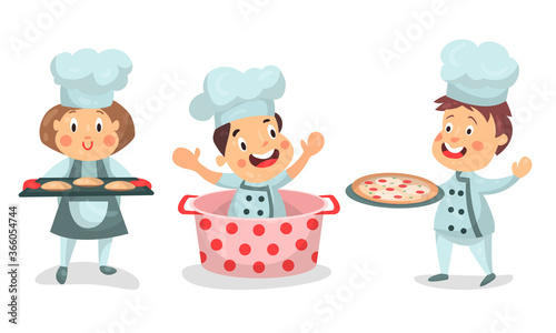 Little Boy and Girl Characters in Chef Uniform Baking and Cooking Vector Illustration Set