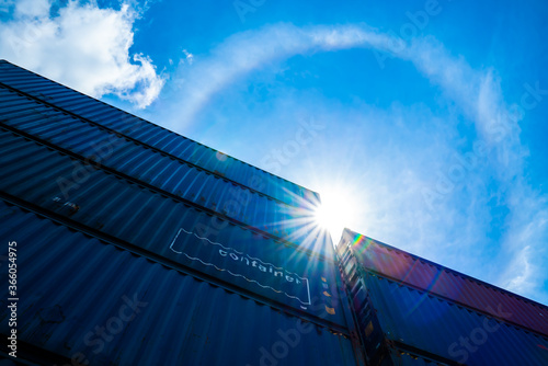 Photography Low Angle View of Logistic Industrial Containers box from Cargo freight ship,Cargo containers at harbor by the sunlight of the sky