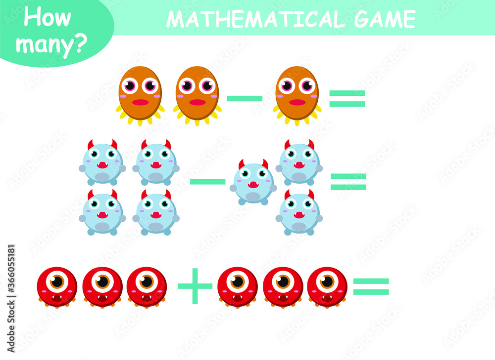 Fototapeta premium examples of addition and subtraction with cute monsters. educational page with mathematical examples for children.
