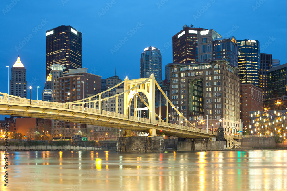 Downtown skyline and Roberto Clemente Bridge over Allegheny River in Pittsburgh