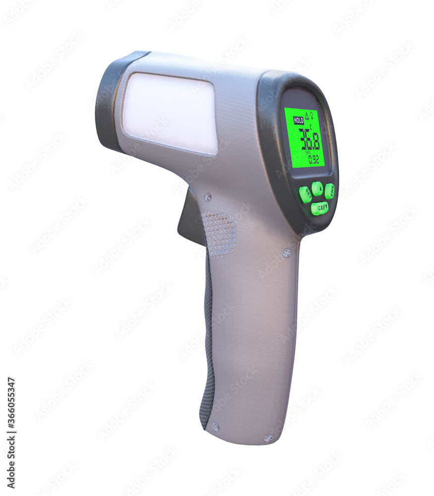 Non-contact thermometer for measuring body temperature. Temperature measurement at a distance. 3d illustration isolated on white background. Non-contact thermometer for measuring body temperature. Temperature measurement at a distance. 3d illustration isolated on white background.