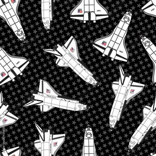 Vector Space Shuttles in Black and White with Stars on Black Background Seamless Repeat Pattern. Background for textiles, cards, manufacturing, wallpapers, print, gift wrap and scrapbooking.