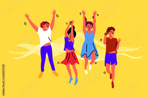 Celebration, friendship, happiness concept. Group young cheerful happy children kids boys girls friends cartoon character jumping together. Active lifestyle recreation having fun celebrating victory.
