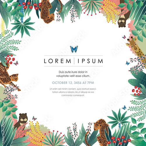 Vector illustration of Exotic Jungle with tropical flowers and animals. Design for banner, poster, card, invitation and scrapbook 