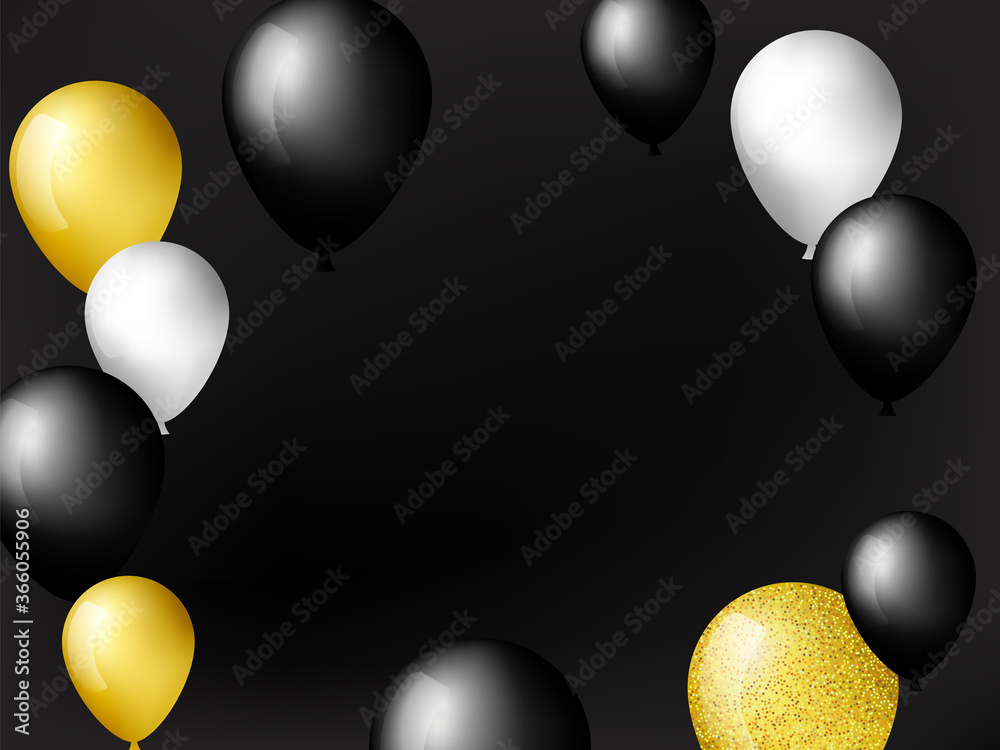 Black, white, gold and with confetti balloons set on black background.  Design elements for party, birthday, anniversary or sale. Vector  illustration Stock Vector | Adobe Stock