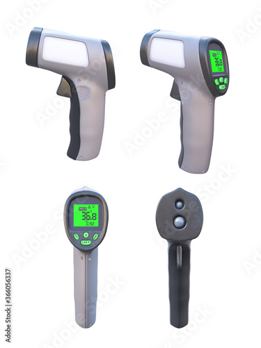 Set of different views of electronic infrared non-contact thermometers. Measure body temperature at a distance. 3d illustration isolated on white background.