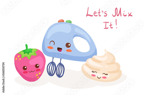 Kawaii vector illustration of Mixer, Strawberry & Whipped Cream isolated on white background. Cute funny & happy food character. Cartoon style smiling mascot for kids menu decoration with lettering.