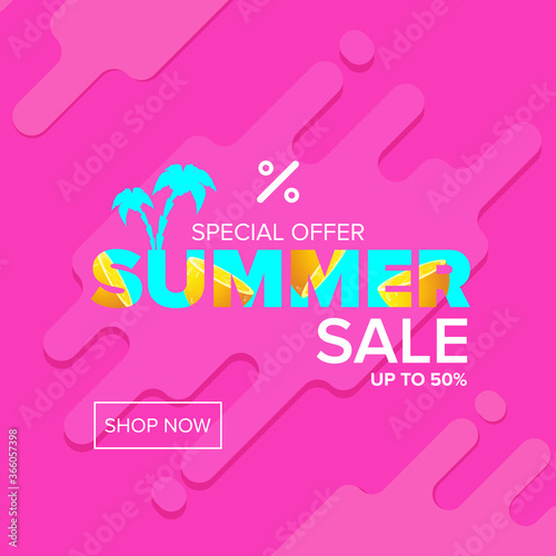 summer sale modern color design template banner or poster. Vector Summer sale label with typographic text isolated on abstract pink background