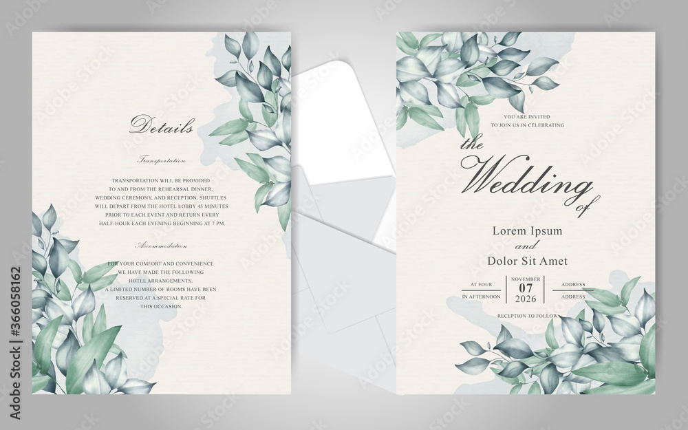 Greenery Wedding Invitation Card Set Template with Elegant Hand Drawn Floral  Watercolor and Foliage