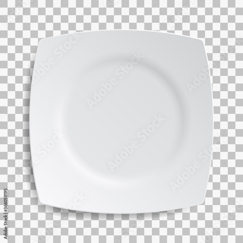 White dish plate isolated on transparent background. Kitchen dishes for food, kitchen, porcelain dishware. Vector illustration for your product, tableware design element.