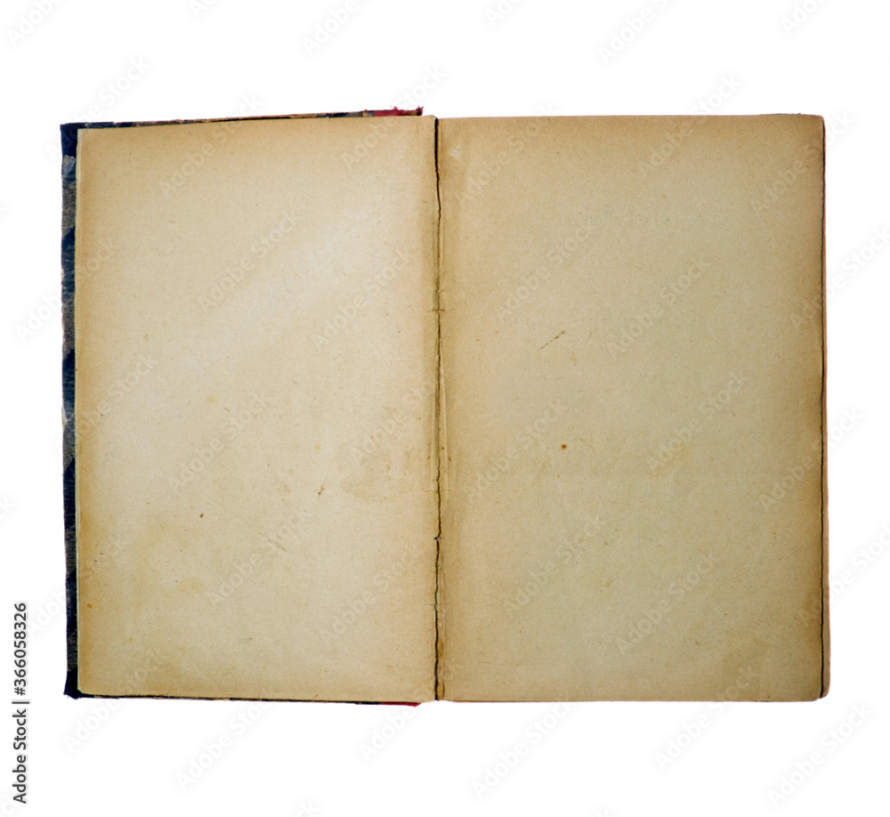 Open vintage book on white background
