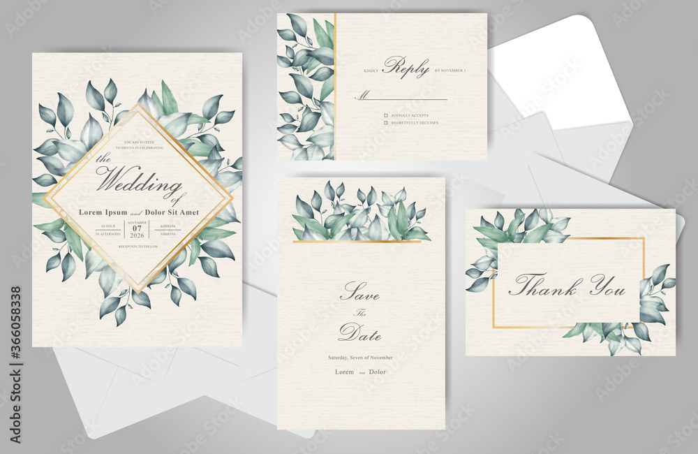 Greenery Wedding Invitation Card Set Template with Elegant Hand Drawn Floral  Watercolor and Foliage