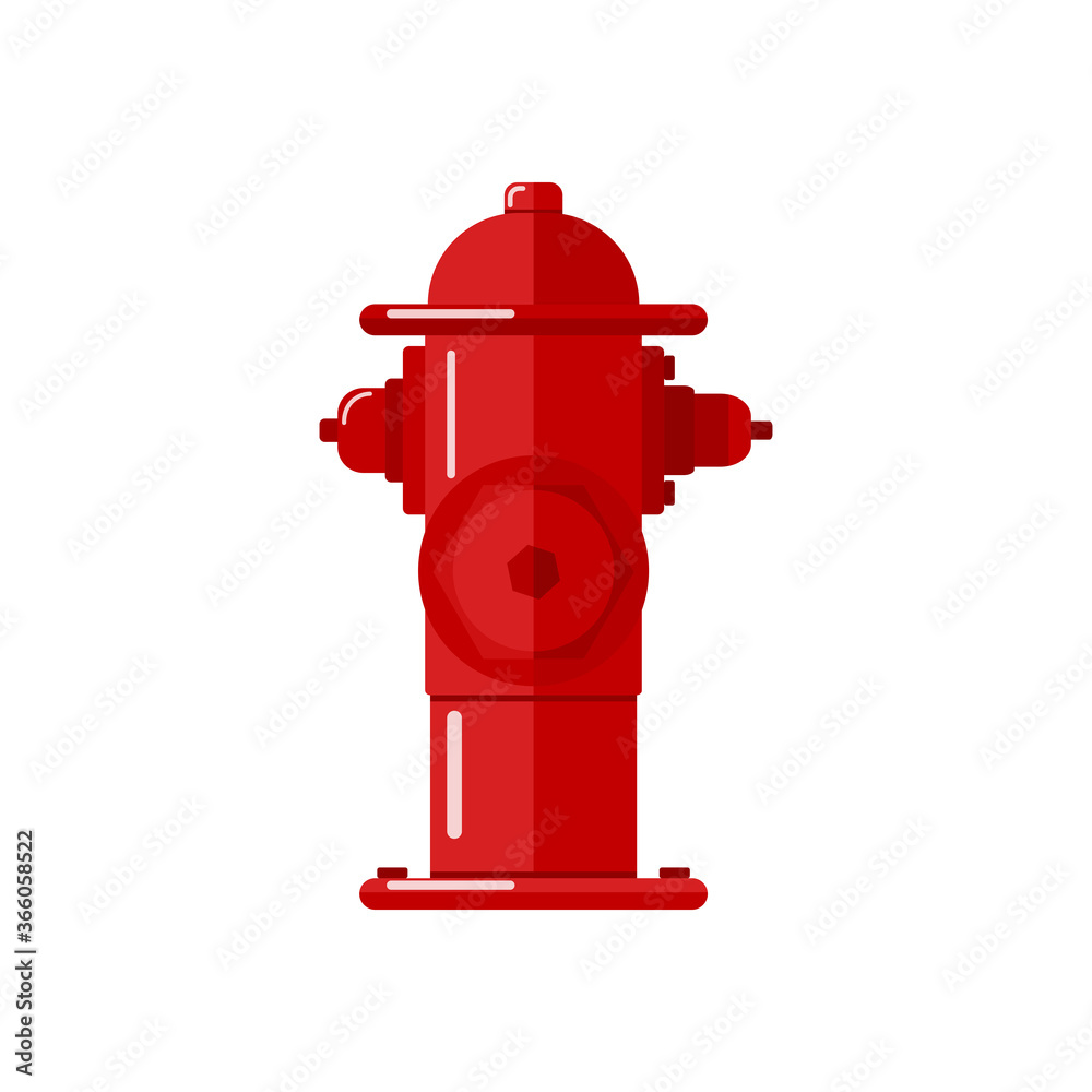 Bright red fire hydrant icon, isolated on white background. Used by firefighters for extinguishing flames. Metal water pipe with nozzles for hose. Vector stock illustration in flat style. Bright red fire hydrant icon, isolated on white background. Used by firefighters for extinguishing flames. Metal water pipe with nozzles for hose. Vector stock illustration in flat style.
