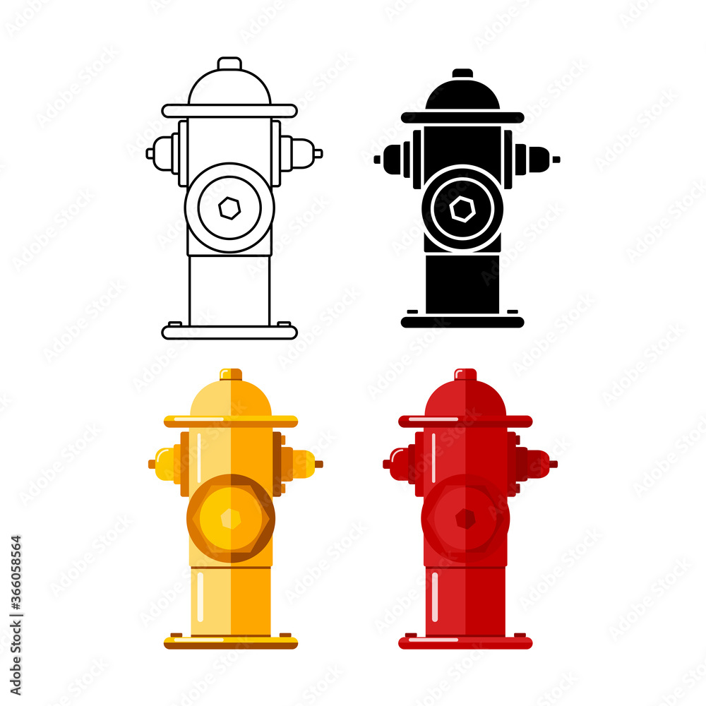 Set of fire hydrant icons, isolated on white background. Used by firefighters for extinguishing flames. Metal water pipe with nozzles for hose. Vector stock illustration. Set of fire hydrant icons, isolated on white background. Used by firefighters for extinguishing flames. Metal water pipe with nozzles for hose. Vector stock illustration.