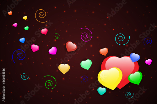 Bright colored volumetric hearts and multicolored confetti on a burgundy gradient.