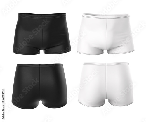 Shorts for men in black and white color. Front and back views. Men's sportswear, swimming trunks, underwear. 3d render of the template, mock up. Realistic clothes.