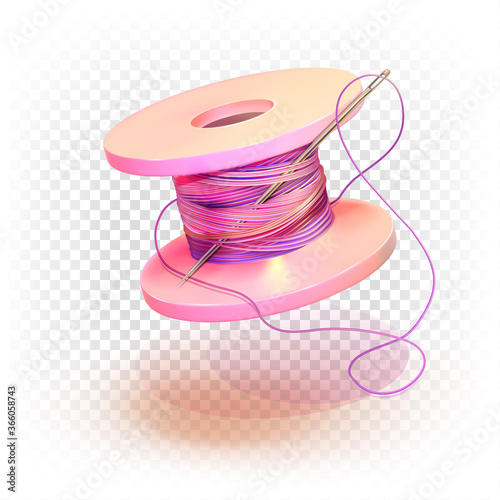 Spool of thread and needle. 3d vector illustration of multi-colored pastel color isolated on a white transparent background. The concept of a seamstress, couturier, fashion designer. photo