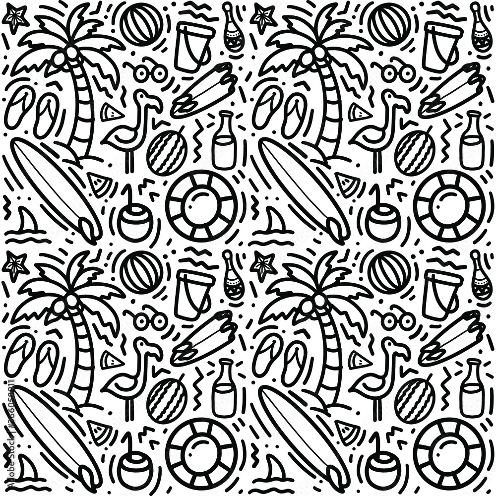 Colorful seamless summer pattern with hand drawn beach elements such as sunglasses, palm, watermelon slice, coconut, bottle, starfish, flamingo, lifebelt. Fashion print design, vector illustration