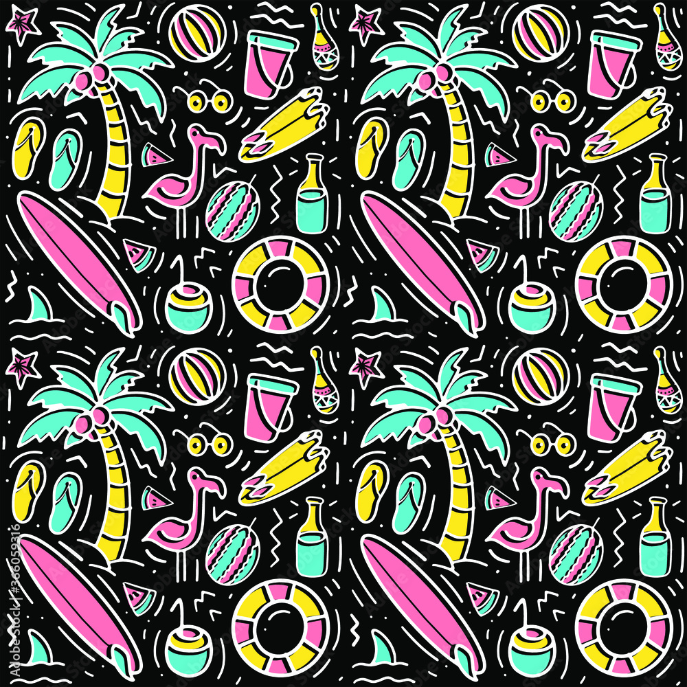 Obraz premium Colorful seamless summer pattern with hand drawn beach elements such as sunglasses, palm, watermelon slice, coconut, bottle, starfish, flamingo, lifebelt. Fashion print design, vector illustration