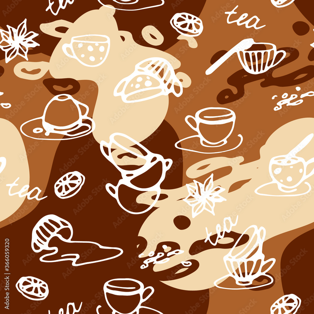 Seamless pattern on a tea theme. Tea cups,  poured, brewed tea with lemon and spices. Contour illustration in freehand drawing style.