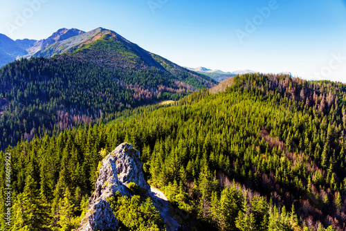 Fototapeta Naklejka Na Ścianę i Meble -  The High Tatras Mountains (Vysoke Tatry, Tatry Wysokie, Magas-Tatra), are a mountain range along the border of Slovakia in the Presov Region, and southern Poland in the Lesser Poland Voivodeship.