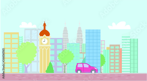 A landscape illustrations of Kuala Lumpur city, Malaysia. Complete with clock tower and Petronas twin tower.