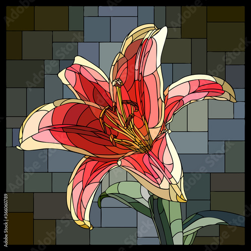 Vector square mosaic with blooming red lily flower in stained glass window.