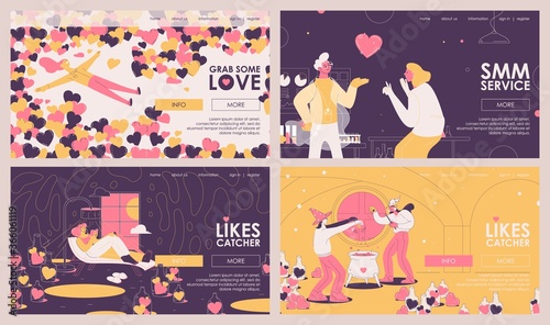 Smm agency banners or landing page templates. Hearts, likes and people working on social popularity concept scenes drawn with outlines, pink, yellow and purple colors