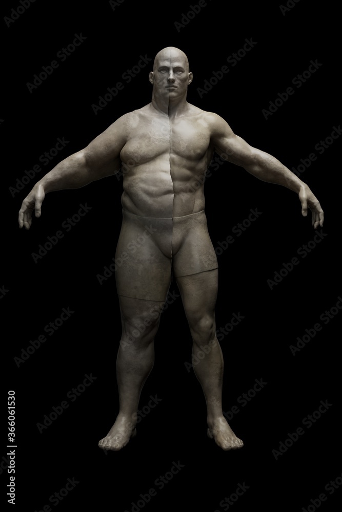 Fat loss process. Divided Half fat half muscular male figure. Before and after results of weight loss, diet and exercise. Plastic surgery and liposuction. Out of shape. 3d illustration