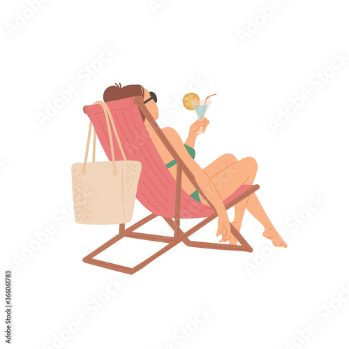 Girl sitting on chaise longue with cocktail in her hands. Relaxing holiday. Vector flat cartoon isolated illustration.
