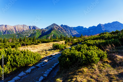 Fototapeta Naklejka Na Ścianę i Meble -  The High Tatras Mountains (Vysoke Tatry, Tatry Wysokie, Magas-Tatra), are a mountain range along the border of Slovakia in the Presov Region, and southern Poland in the Lesser Poland Voivodeship.