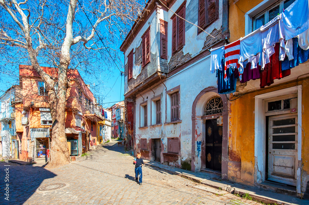 Colorful historical street view in Ayvalik Town.