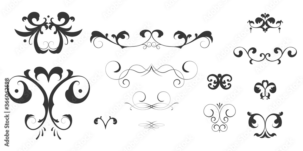 Vintage ornaments set. Vignette borders. Flourish and scroll elements for your projects. Isolated Eps10 vector.