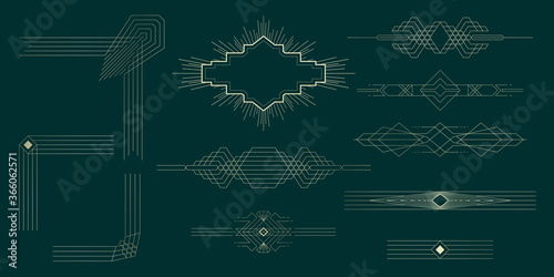 Art deco borders set. Vector elements of geometric golden label frame for your projects. Luxury decoration design. Isolated Eps10 vector.