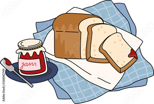 Cartoon of whole wheat bread loaf and strawberry jam . Simple cute hand draw line vector and minimal icons flat style character illustration.
