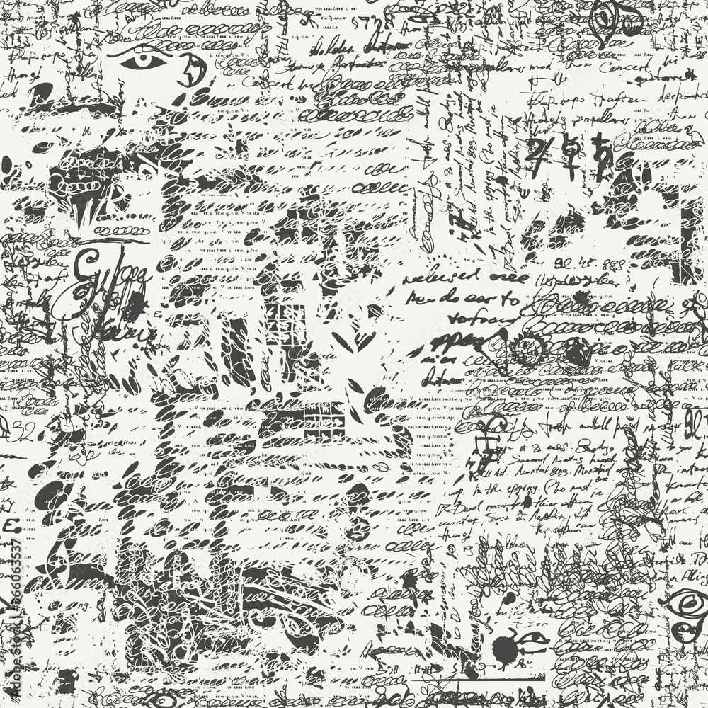 Seamless pattern with black unreadable scribbles imitating handwritten text on a light background in retro style. Vector abstract repeating background. Suitable for wallpaper, wrapping paper, fabric