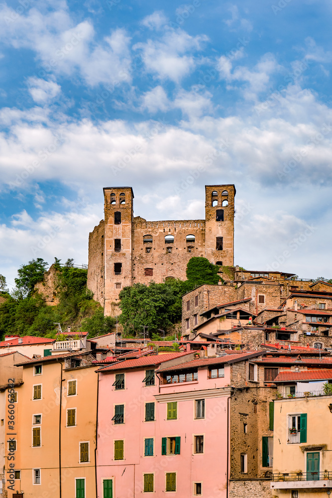 Medieval Castle in Dolceacqua, Ventimiglia, Imperia district, Liguria (Italy).  Ligurian Riviera, Castello dei Doria, Old Bridge, Historical Castle.