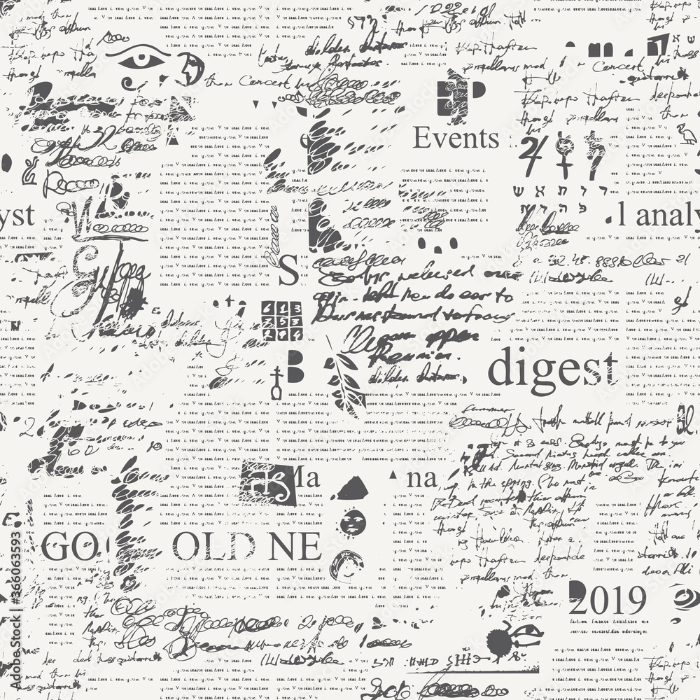 Seamless pattern with illegible scribbles imitating handwritten text on the newspaper page with sketches and blots. Vector abstract repeating background. Suitable for wallpaper, wrapping paper, fabric Seamless pattern with illegible scribbles imitating handwritten text on the newspaper page with sketches and blots. Vector abstract repeating background. Suitable for wallpaper, wrapping paper, fabric