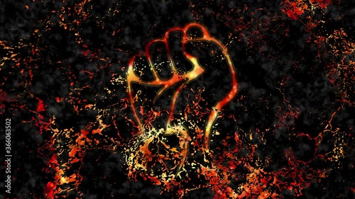 A clenched fist is a symbol of protest in a fiery style. Texture of volcanic rock or fire in a bonfire. Hot plasma flickers in cracks