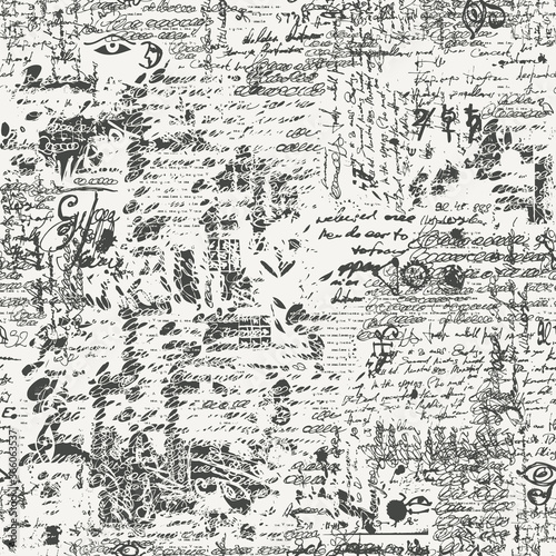 Seamless pattern with black unreadable scribbles imitating handwritten text on a light background in retro style. Vector abstract repeating background. Suitable for wallpaper, wrapping paper, fabric