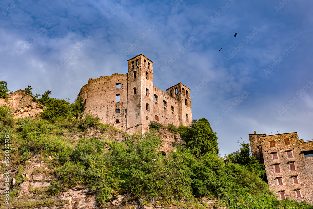 Medieval Castle in Dolceacqua, Ventimiglia, Imperia district, Liguria (Italy).  Ligurian Riviera, Castello dei Doria, Old Bridge, Historical Castle.