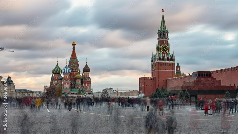 Red Square, Kremlin and Saint Basil's Cathedral time lapse, Moscow, Russia.
