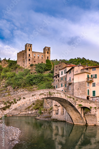 Dolceacqua in Ventimiglia, Imperia district, Liguria (Italy). Medieval Castle in Liguria Riviera, Castello dei Doria, Old Bridge, Historical Castle. photo