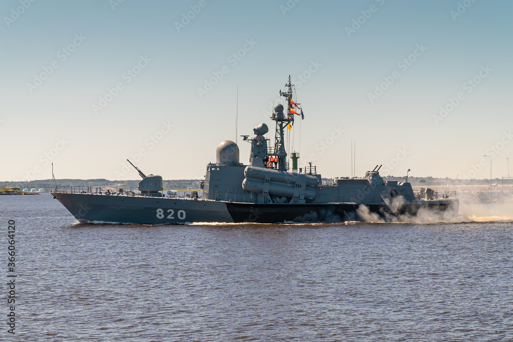Small rocket ship Chuvashia, project 1241 passes near Kronstadt during the rehearsal of the parade of the Navy. July 17, 2020.