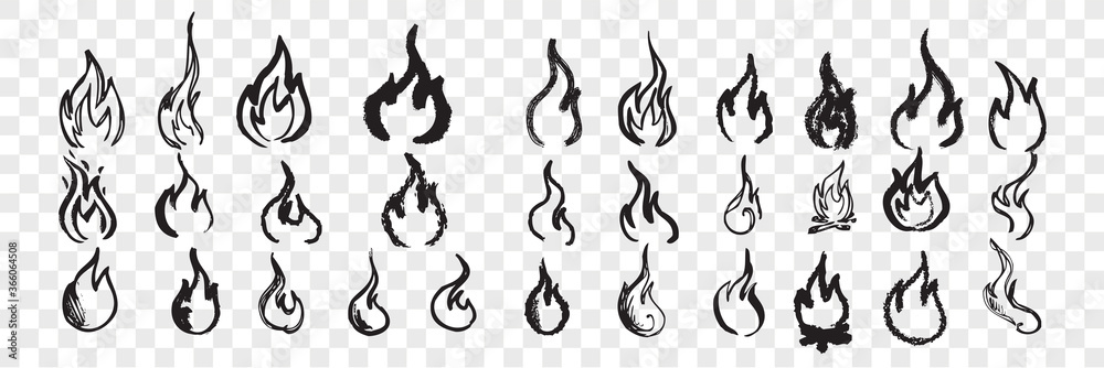 Hand drawn flames doodle set