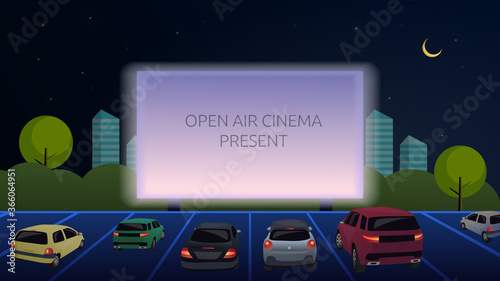 Open-air cinema for street cars. Cars watch a movie in an open parking lot at night. Large outdoor screen glows in the dark, against the backdrop of the evening city. Vector. Cartoon illustration