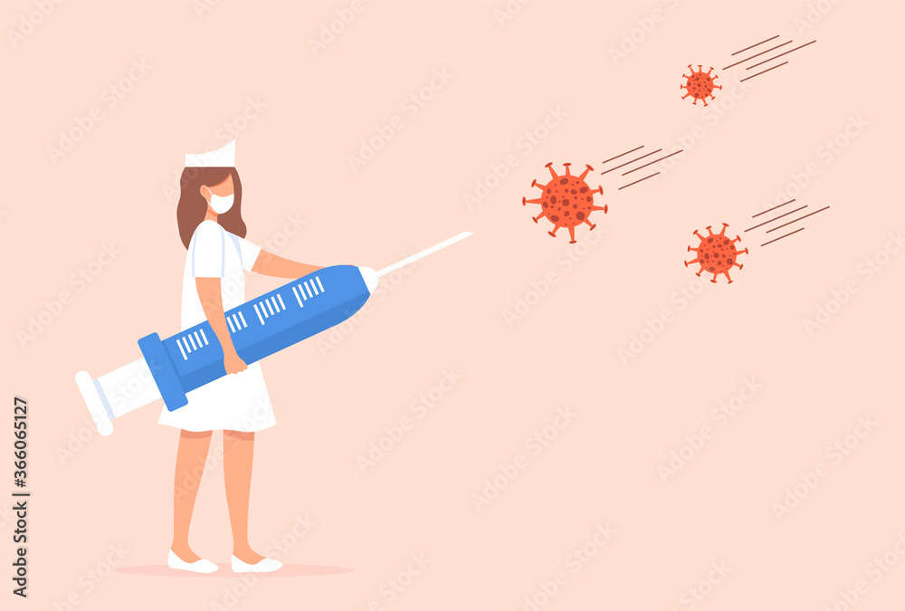 COVID-19 virus. Female doctor holding a large syringe. Vaccine, syringe with injection, prevention and treatment of coronavirus infection. COVID-19 virus. Female doctor holding a large syringe. Vaccine, syringe with injection, prevention and treatment of coronavirus infection.
