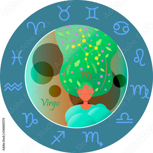Vector illustration of the zodiac sign by horoscope. A girl with long hair of the starry sky and the constellations of Aries, Taurus, Gemini, cancer, Leo, Virgo, Libra, Scorpio, Sagittarius, Capricorn